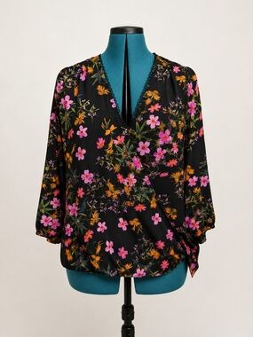 Ava & Aiden Black Floral Wrap Blouse with Pink & Orange Flowers